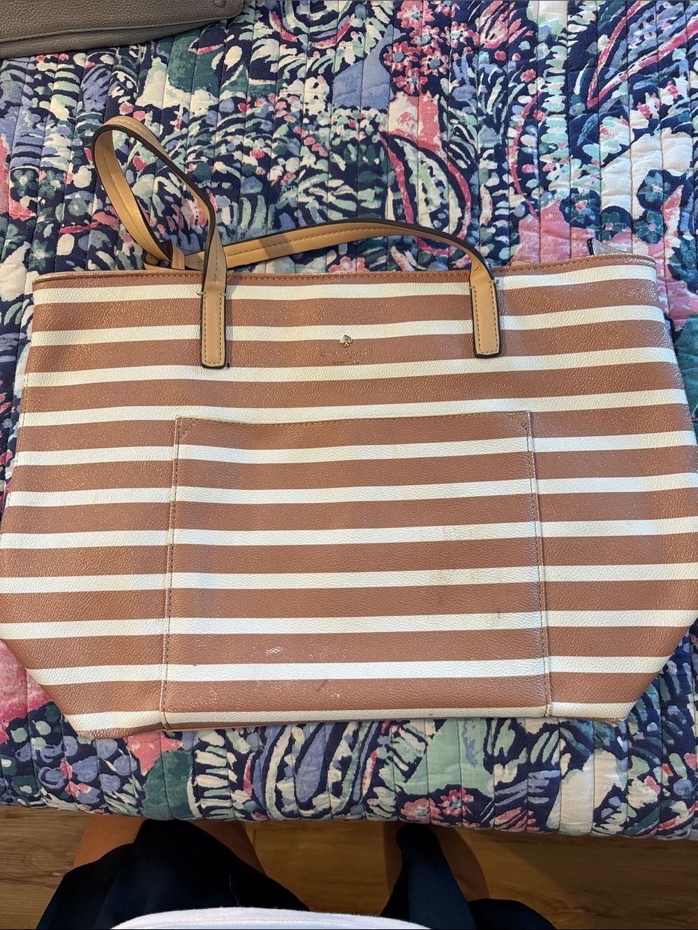 Kate Spade Striped Tan and White Tote Bag - Classic Everyday Carry